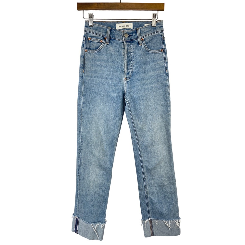 Denim Forum Aritzia The Arlo Hi-Rise Jeans 24 Light Blue Raw Cuffed Hem Stretch